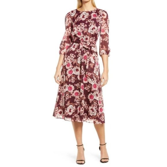 ANNE KLEIN Floral Metallic Stripe Fit & Flare Dress - Small NWT - Picture 1 of 6